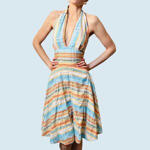 Vintage Finley Marilyn Halter Dress – Blue Orange Plaid – Size 10 – Open Back